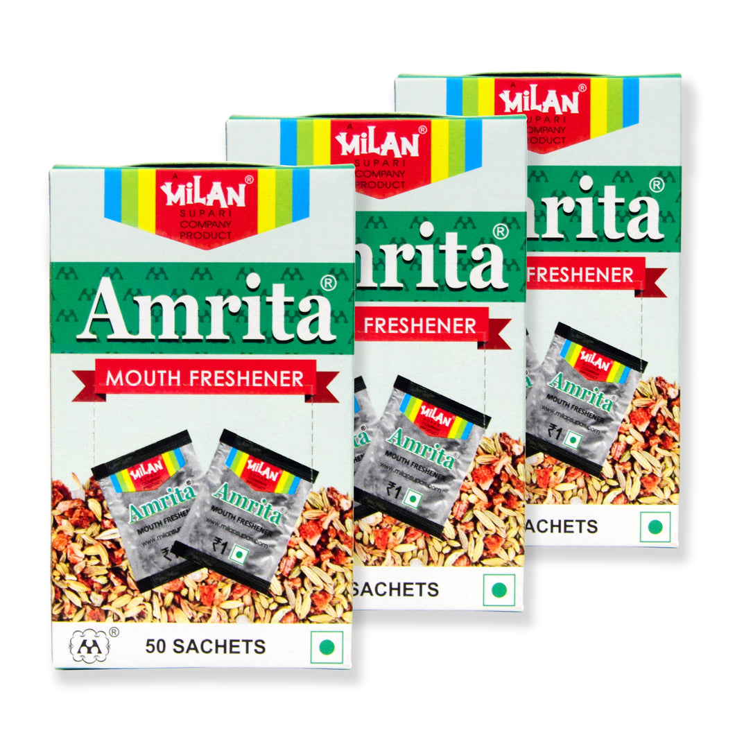 AMRITA MOUTH FRESHENER - Ideal After-meal Mint - No Artificial Sweetener - FREE SHIPPING - No Supari - 3 boxes (150 sachets)