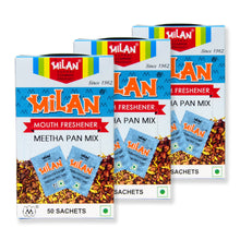 Load image into Gallery viewer, MILAN MEETHA - Mouth Freshener - Crisp, Cool &amp; Sweet Flavour - Freshens Your Breath - No Supari - FREE SHIPPING - 3 Boxes (150 sachets)