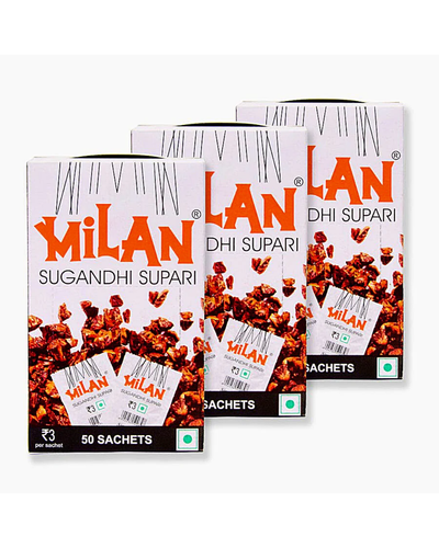 Milan Sugandhi Supari - 3 Boxes (50 sachets per box) - Original Flavour - Single Serving Sachets - Fine Quality Since 1962 - FREE SHIPPING
