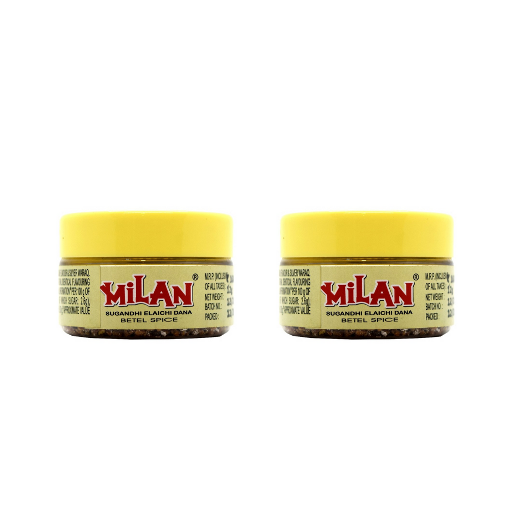 MILAN SUGANDHI ELAICHI DANA - With Silver Waraq - Fresh & Fragrant - Sweetens your mouth & cleans your breath - Convenient pack - 2 Containers (12g each)