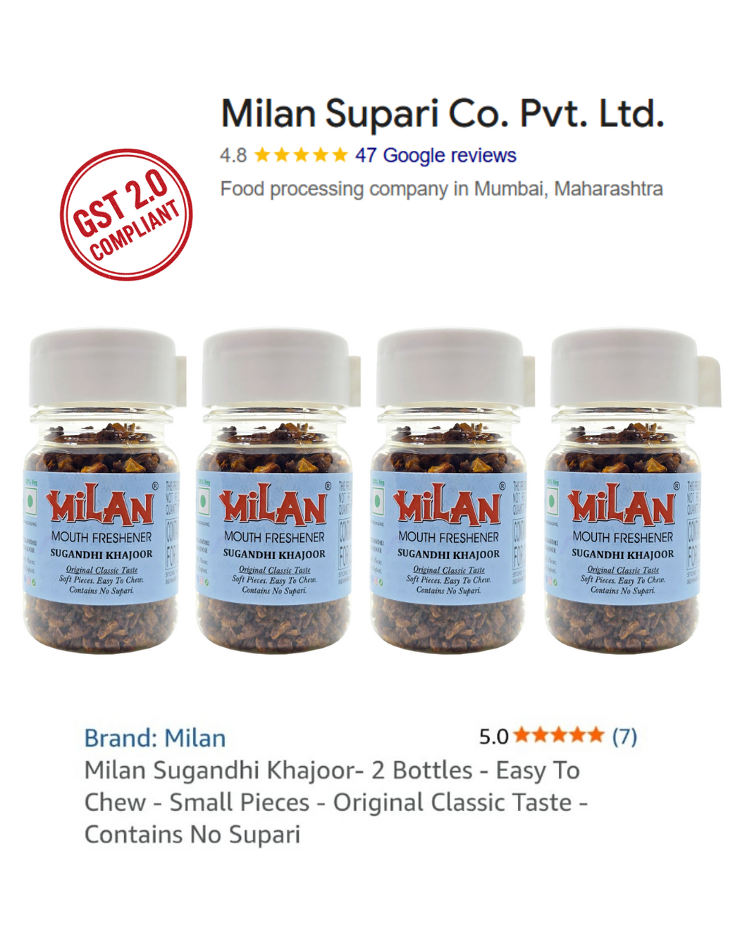 Milan Sugandhi Khajoor 75g - Easy To Chew - Small Pieces - Original Classic Taste - Contains No Supari - Pack of 4 (Free Shipping)