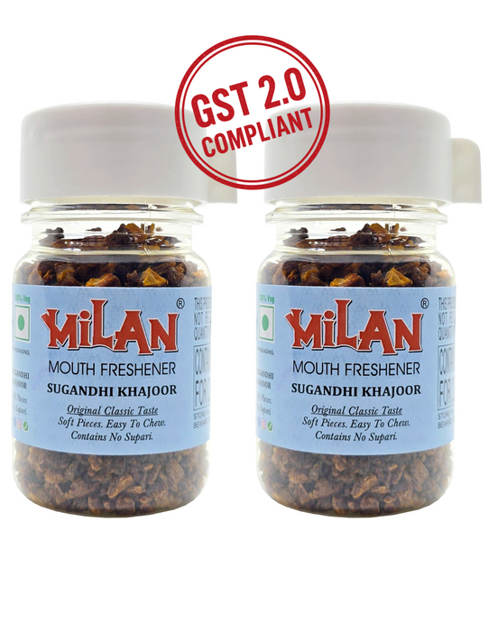 Milan Sugandhi Khajoor 75g - Easy To Chew - Small Pieces - Original Classic Taste - Contains No Supari - Pack of 2 Bottles (Free Shipping)