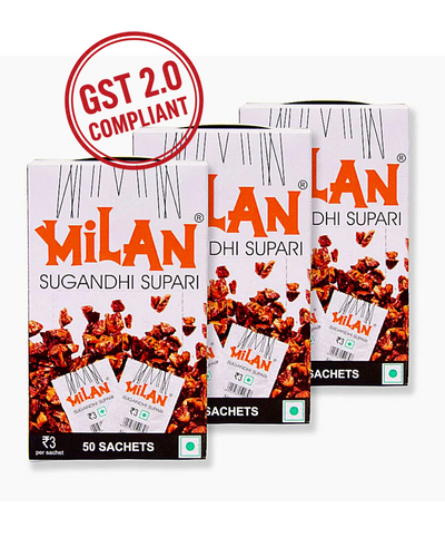 Milan Sugandhi Supari - 3 Boxes (50 sachets per box) - Original Flavour - Single Serving Sachets - Fine Quality Since 1962 - FREE SHIPPING