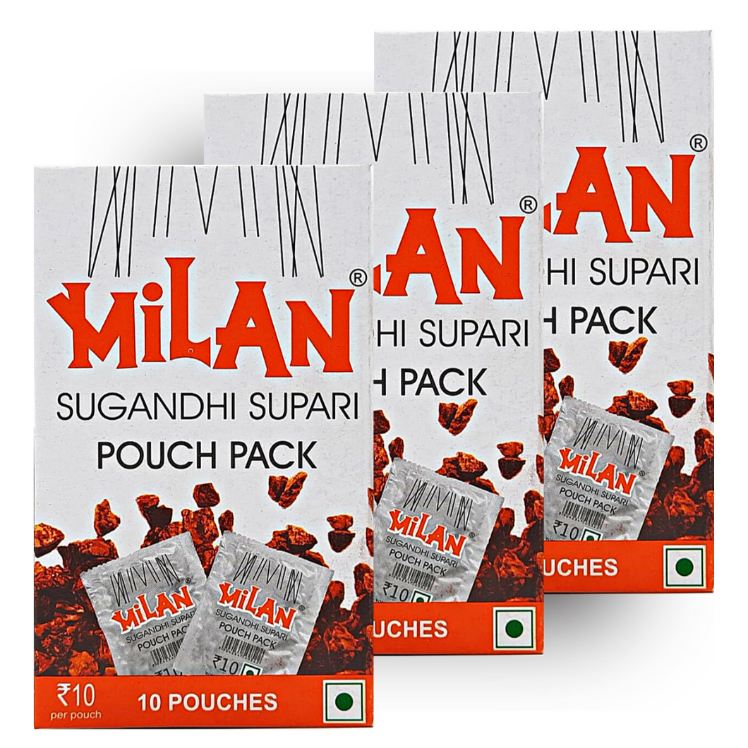 Milan Sugandhi Supari - 3 Boxes (10 Pouches / Box) - Original Classic Flavour  - Fine Quality Since 1962