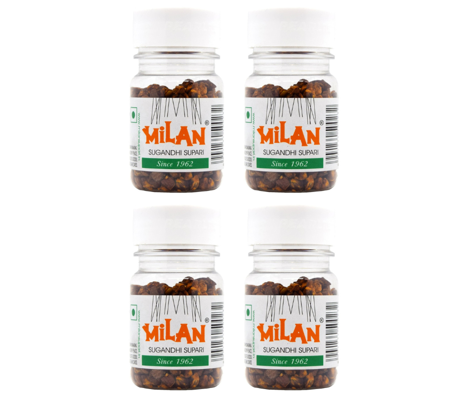 Milan Sugandhi Supari - 4 Bottles (75g each) - Original Classic Flavour - Fine Quality Since 1962 - FREE SHIPPING