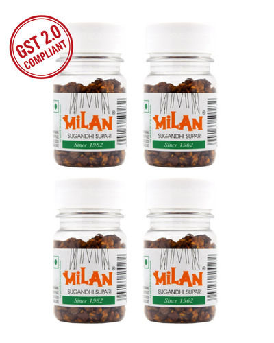 Milan Sugandhi Supari - 4 Bottles (75g each) - Original Classic Flavour - Fine Quality Since 1962 - FREE SHIPPING