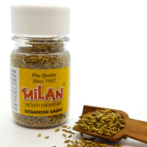 Milan Sugandhi Saunf - 1 Bottle - Sweet and crunchy - Digestive snack - Quantity of sugar added: 0g - Saunf mukhwas - Non supari mouth freshener - Flavoured fennel seeds