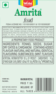 Amrita Mouth Freshener 50s - 1 box - Cleans your mouth - Covers bad odours - Ingredients help digestion - No artificial sweeteners - No artificial colour - No artificial flavour - Non supari - Ideal after meal mint -
