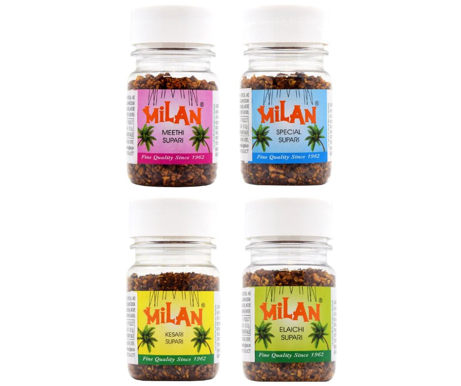 Milan Supari - Assorted Pack of 4 Bottles - Elaichi + Kesari + Meethi + Special - Fine Quality Since 1962 - FREE SHIPPING