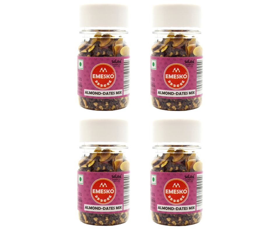 Emesko Almond-Dates Mix - 4 Bottles - Sweet, Savoury & Crunchy - No Sugar Added & Nothing Fried - Free Shipping