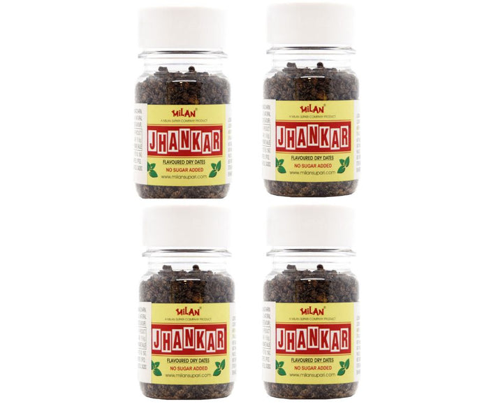 Jhankar Flavoured Dry Dates - 4  Bottles (65g each) - Crunchy, Minty & Sweet - A Standout Flavour - No Added Sugar - No Supari - FREE SHIPPING