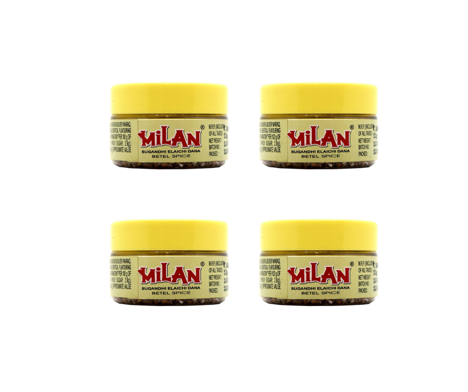 MILAN SUGANDHI ELAICHI DANA - With Silver Waraq - Fresh & Fragrant - Sweetens your mouth & cleans your breath - Convenient pack - 4 Containers (12g each) - FREE SHIPPING