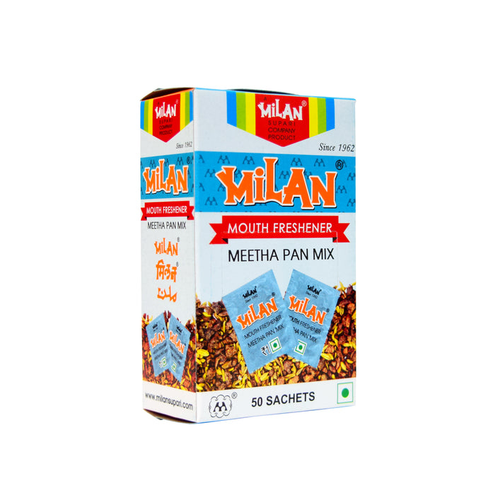 Milan Meetha Pan Mix - 1 Box (50 sachets) - Crisp, Cool & Sweet Taste - Cleans Your Mouth - Contains Traditional Ingredients - No Supari