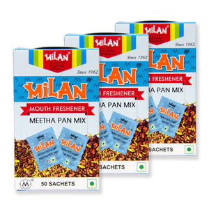 Milan Meetha Pan Mix - Crisp, Cool & Sweet Flavour - Freshens Your Breath - No Supari - 3 Boxes (150 sachets)