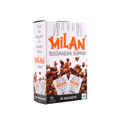 Milan Sugandhi Supari - 1 Box (50 sachets) - Original Flavour - Single Serving Sachets - Fine Quality Since 1962