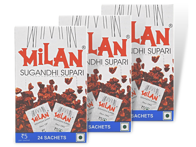 Milan Sugandhi Supari - 3 boxes (24 sachets per box) - Original Flavour - Fine Quality Since 1962