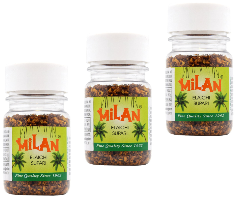 Milan Elaichi Supari - 3 Bottles (75g each) - ELAICHI FLAVOUR - Soft & Small Pieces - Easy to Chew - Free Shipping