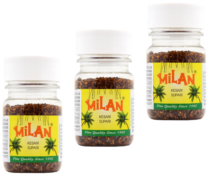 Milan Kesari Supari - 3 Bottles (75g each) - KESARI FLAVOUR - Soft & Small Pieces - Easy To Chew - Free Shipping