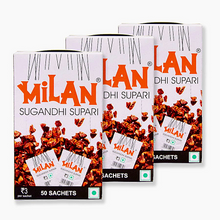 Load image into Gallery viewer, Milan Sugandhi Supari - 3 Boxes (50 sachets per box) - Original Flavour - Single Serving Sachets - Fine Quality Since 1962 - FREE SHIPPING