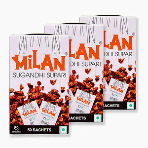 Milan Sugandhi Supari - 3 Boxes (50 sachets per box) - Original Flavour - Single Serving Sachets - Fine Quality Since 1962 - FREE SHIPPING